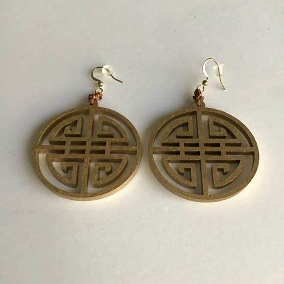 NEW Medallion Earrings Asian-Style Matte Gold Open Work Tagua Nut Lightweight - Picture 6 of 15